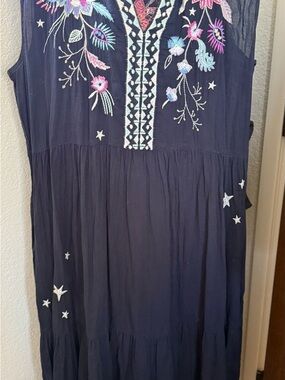 Johnny Was Navy Sleeveless Tunic with Multicolor Floral Embroidery